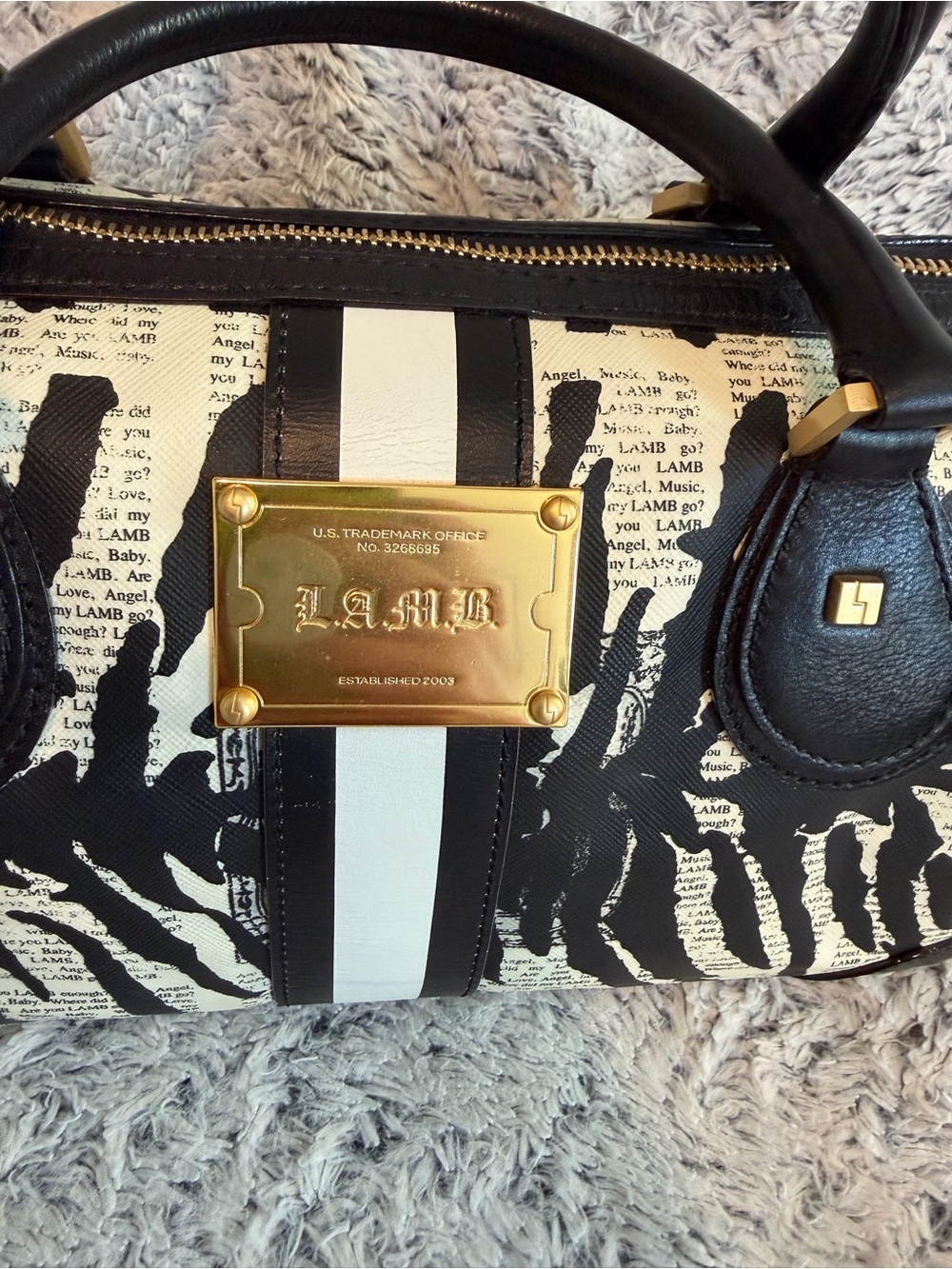 L.A.M.B. Black and White Zebra Stripe Satchel with Gold Plaque - Picture 5 of 9